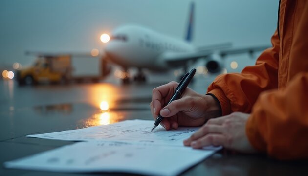 Airport worker checks cargo paperwork before plane loading. Person signs delivery documents near aircraft and truck at dusk. Logistics and transport process overview.