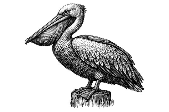 Detailed illustration of pelican standing on a wooden post with spread wings