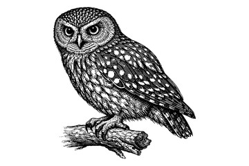 Intricate black and white illustration of spotted owl perched on branch