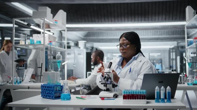 Female scientist looking at patient biopsy slide to detect abnormal cellular growth. African american woman preparing microscope in hospital lab for diagnostic confirmation, camera A