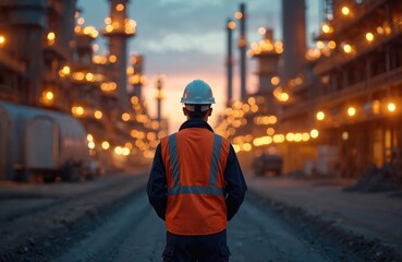 Fototapeta premium Engineer in hard hat and vest looks at industrial facility. Man oversees complex structure during development. Future project planning at manufacturing plant.