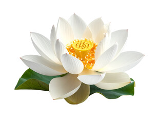 White lotus flower with green leaves isolated on transparent background