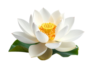 White lotus flower with green leaves isolated on transparent background
