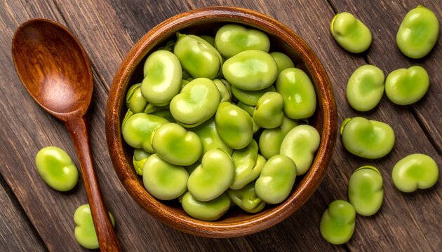 A close-up shot of broad beans in a wooden bowl with a wooden spoon on a rustic, brown wood table