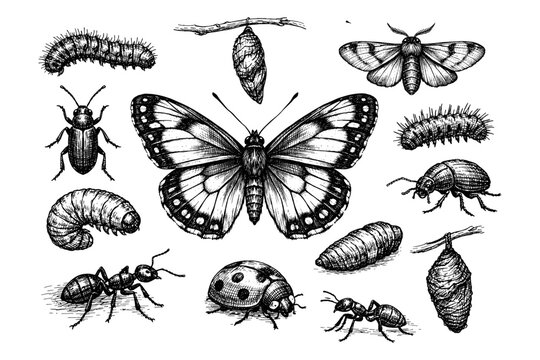 Detailed insect collection: butterfly, caterpillar, moth, ant, beetle, larvae, cocoon