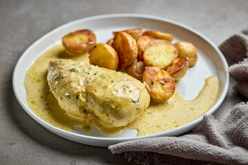 plate of fried boiled potatoes and chicken breast with creamy curry sauce