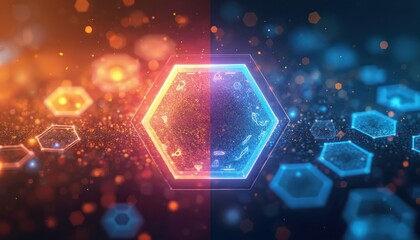 Abstract hexagonal shapes glow with inner light in spectrum of warm and cool colors. Icons represent science, medicine, and tech. Data particles float and connect.
