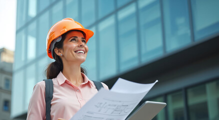 Woman architect wearing orange helmet holds papers and tablet near modern office building. Female engineer checks blueprint for urban construction project. Pro career woman reviews plans outdoors.