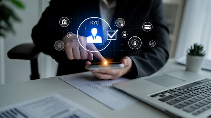 Digital KYC verification with biometric scan, ID authentication, and financial security icons representing identity verification, secure onboarding, fraud prevention, and compliance Latch