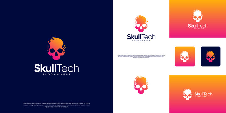 Firewall logo with skull and technological elements concept, database protection symbol, illustration template design.