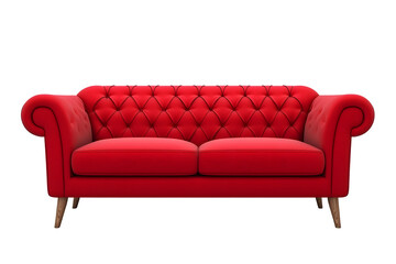 red modern sofa with button tufts and angular wooden legs isolated