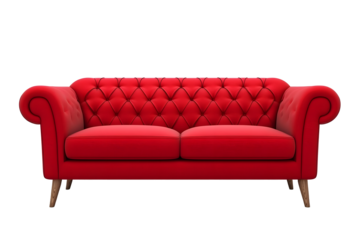 red modern sofa with button tufts and angular wooden legs isolated