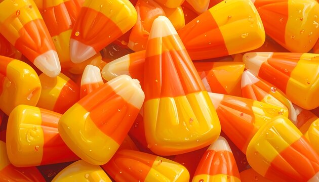 A close-up shot of candy pieces. Triangular shapes with three colors. Scattered pieces in an overfilled composition. Bright and vibrant colors