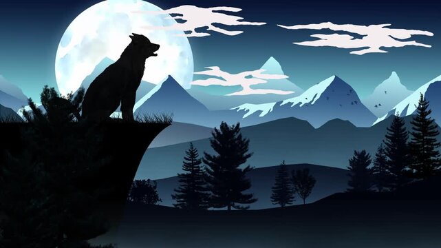 Wolf Howl Full Moon Vector Silhouette 4K Loop features a vector landscape with a wolf on a cliff howling at a full moon in a loop.