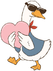 Romantic goose western style, funny valentine goose cartoon illustration Holding heart. 