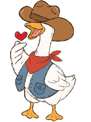 romantic western-style cartoon, Cute cowboy goose valentine illustration showing a funny goose making a finger heart gesture.