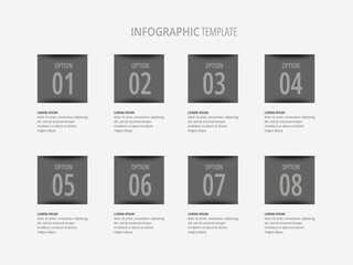 Infographic template with eight numbered dark grey square boxes arranged in two rows on a light grey background.