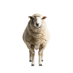 Fototapeta premium mature domestic sheep standing centered, featuring its voluminous, thick white fleece in a high-key, shadowless studio environment, focus on livestock texture study concept