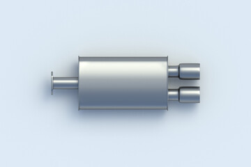 Car exhaust on gray background. Automotive dual muffler. Modern tail pipe for transport. Spare parts. Top view. 3d render