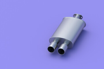 Car exhaust on purple background. Automotive dual muffler. Modern tail pipe for transport. Spare parts. Copy space. 3d render