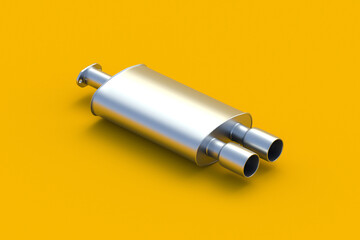 Car exhaust on orange background. Automotive dual muffler. Modern tail pipe for transport. Spare parts. 3d render