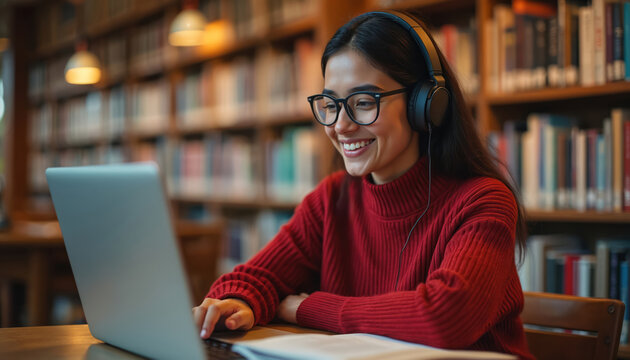 Young woman in glasses wearing headphones uses laptop. She smiles studying or attending online class at library. Distance education tech e learning concept. Female student looks happy.