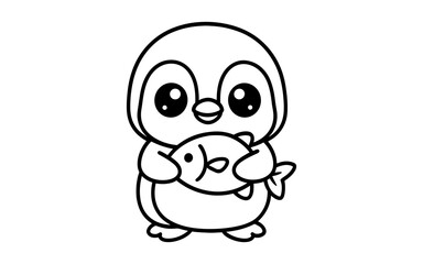Naklejka premium Cute cartoon penguin holding fish on white background