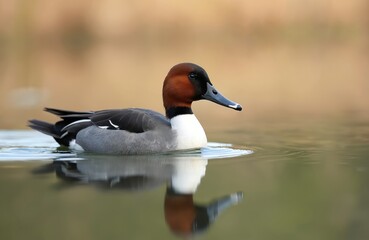 Obraz premium Northern pintail male swims in pond in spring. Wild duck floats on water surface with reflection. Colourful bird beautiful plumage, long beak. Ornithology research. Wildlife conservation, protection