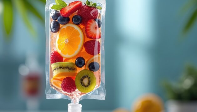 Infusion bag filled with fresh fruits like orange strawberry raspberry kiwi and blueberry. Healthy vitamin IV drip with clear liquid. Healthcare diet nutrition hydration concept.