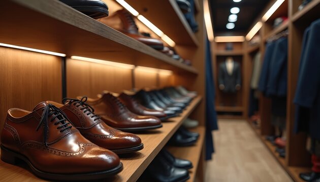 Luxury men leather shoes displayed on illuminated wooden shelves in modern boutique interior. Classic brown, black formal footwear collection in stylish menswear shop. High end fashion, elegant style
