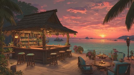 Tropical beach bar at sunset with tiki torches and ocean views.