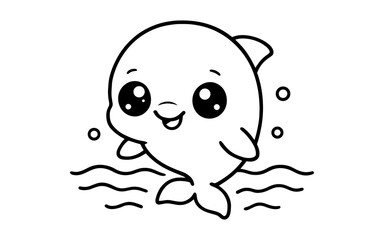 Obraz premium Cute cartoon dolphin with big eyes in black and white outline style