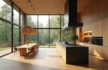 Spacious luxury kitchen dining area with wood decor. Large windows reveal nature view. The kitchen island is modern with black countertop. Stylish lamps hang above wood table near cabinets.