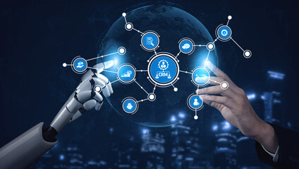 A futuristic scene showcasing the interaction between a robotic arm and a human hand, representing advanced CRM technology in a digital environment for business solutions. Tessel