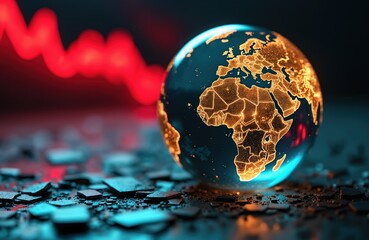 World globe with Africa highlights global financial crisis. Decaying pieces scattered around globe. Red graph shows market recession. Global economic problems represented by illustration. Planet