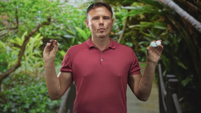 Man holding glasses in left hand and contact lens case in right hand on forest boardwalk, hands raised, pursing lips; decision.