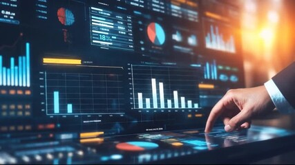 Hand pointing at futuristic financial data analytics dashboard, stock market charts - Powered by Adobe