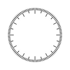 Mechanical clock face, bezel. Watch dial with minute and hour marks. Timer or stopwatch element. Blank measuring circle scale with divisions. Vector illustration