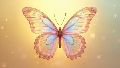 Iridescent pastel butterfly illustration on yellow gradient background with soft light bokeh effect. Delicate insect wings with colorful patterns, suitable for graphic design projects.