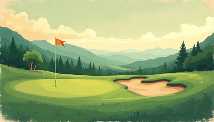 Scenic golf course illustration with green grass, flag, sand bunker, mountains. Nature landscape offers quiet recreation. Golfing provides exercise, relaxation, enjoyment on green field. Sport