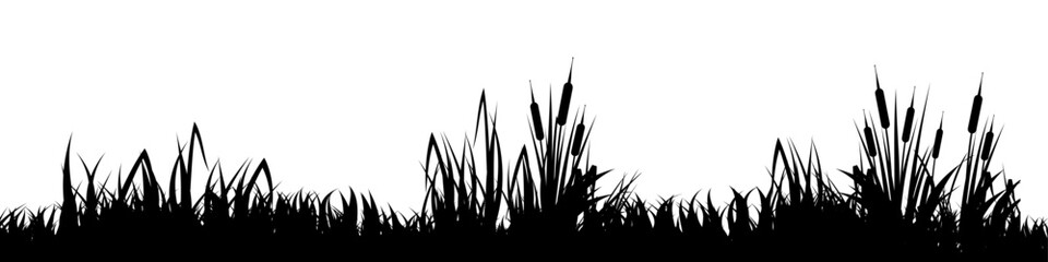 Fototapeta premium Meadow silhouette with grass, plants on plain. Panoramic summer lawn landscape with herbs, various weeds. Herbal border, frame element. Black horizontal banners. Vector illustration