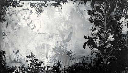 A distressed, monochrome composition featuring ornate floral embellishments framing a textured, faded background reminiscent of weathered stone
