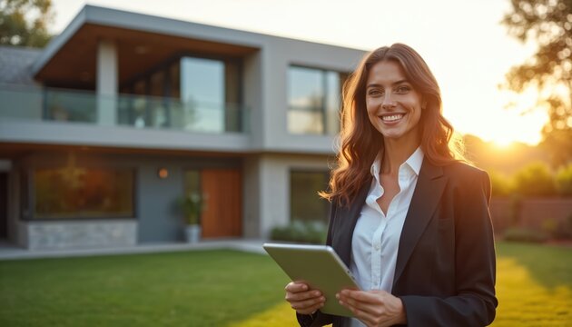 Smiling woman realtor holds tablet outside modern luxury house. Professional real estate agent ready to sell or rent property. Person uses tech gadget for business.