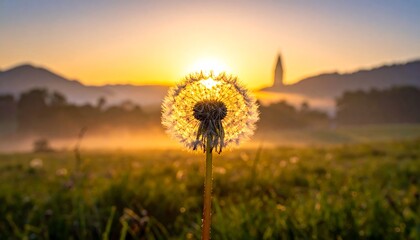 A close-up shot of a dandelion seed head with the sun glowing behind it, set in a misty field. A church steeple is visible