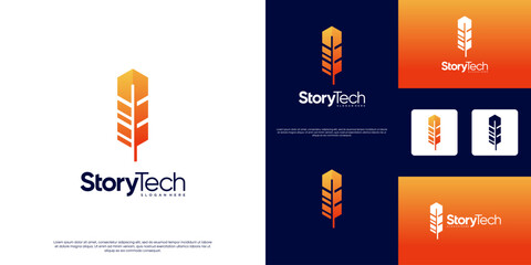 Digital story logo with a feather symbol in a technological style, sharp angles, geometric, vector design template.