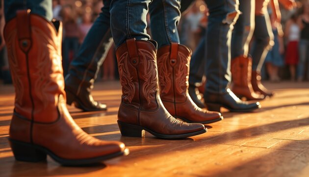 People in cowboy boots line up on a wooden dance floor for a country western event. Dancers wear jeans and boots, ready for music and movement. Group activity.
