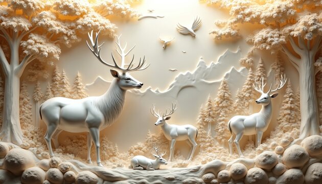 Beautiful 3D relief artwork serene winter forest. White deer, stags, fawns, stand among sculpted trees, rocks, distant mountains. Birds fly. Elegant nature scene ideal for decorative wallpaper design.