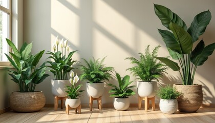 Fototapeta premium Indoor plants assortment against light wall. Many green potted houseplants provides eco atmosphere. Interior design with botanical natural decorations like peace lilies, ferns. Daylight illuminates