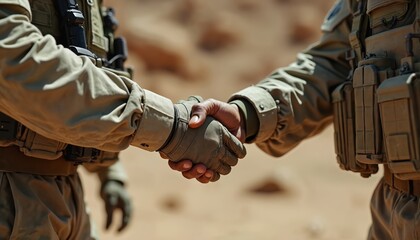 Naklejka premium Two soldiers in desert uniforms shake hands warmly. Camouflage attire and tactical vests suggest a bond formed during difficult missions or successful operations. This shows unity and teamwork.