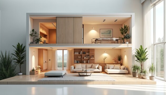 Cross section illustration of a modern home with bright interior and minimalist design. Living room features stylish furniture plants natural light and a dining area. It is a modern house plan.